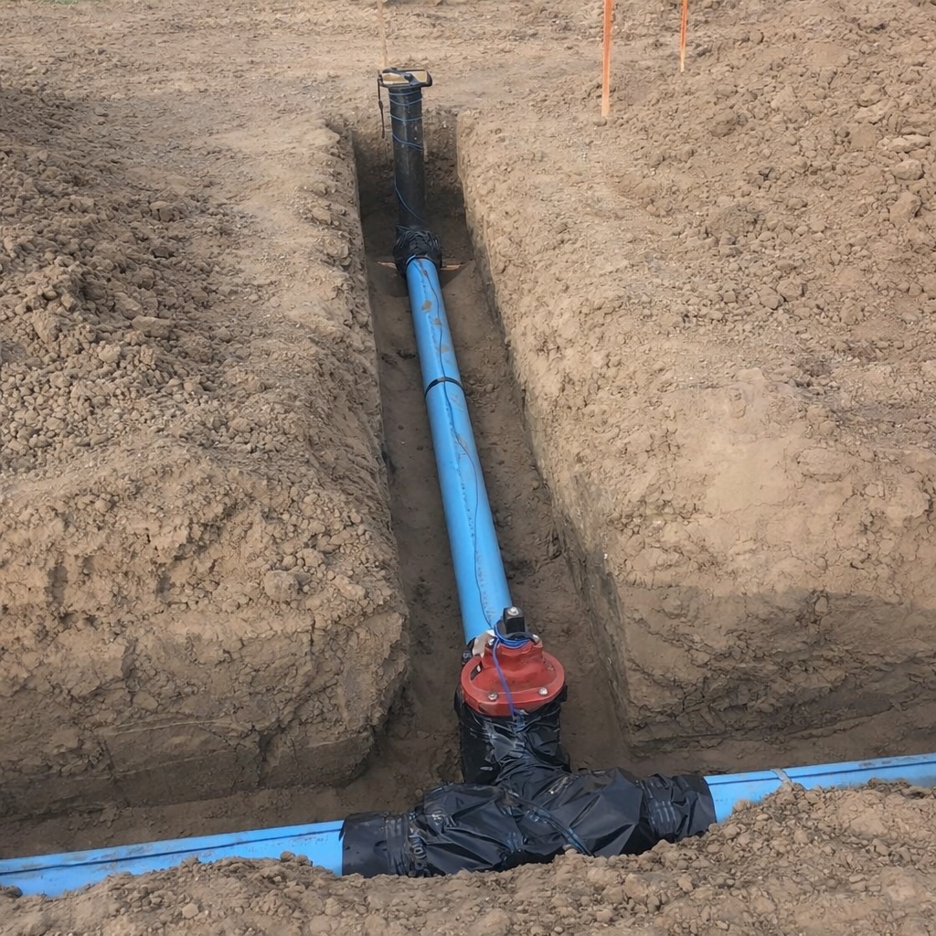 Blue fire line supply pipe installed in an open trench with a valve assembly