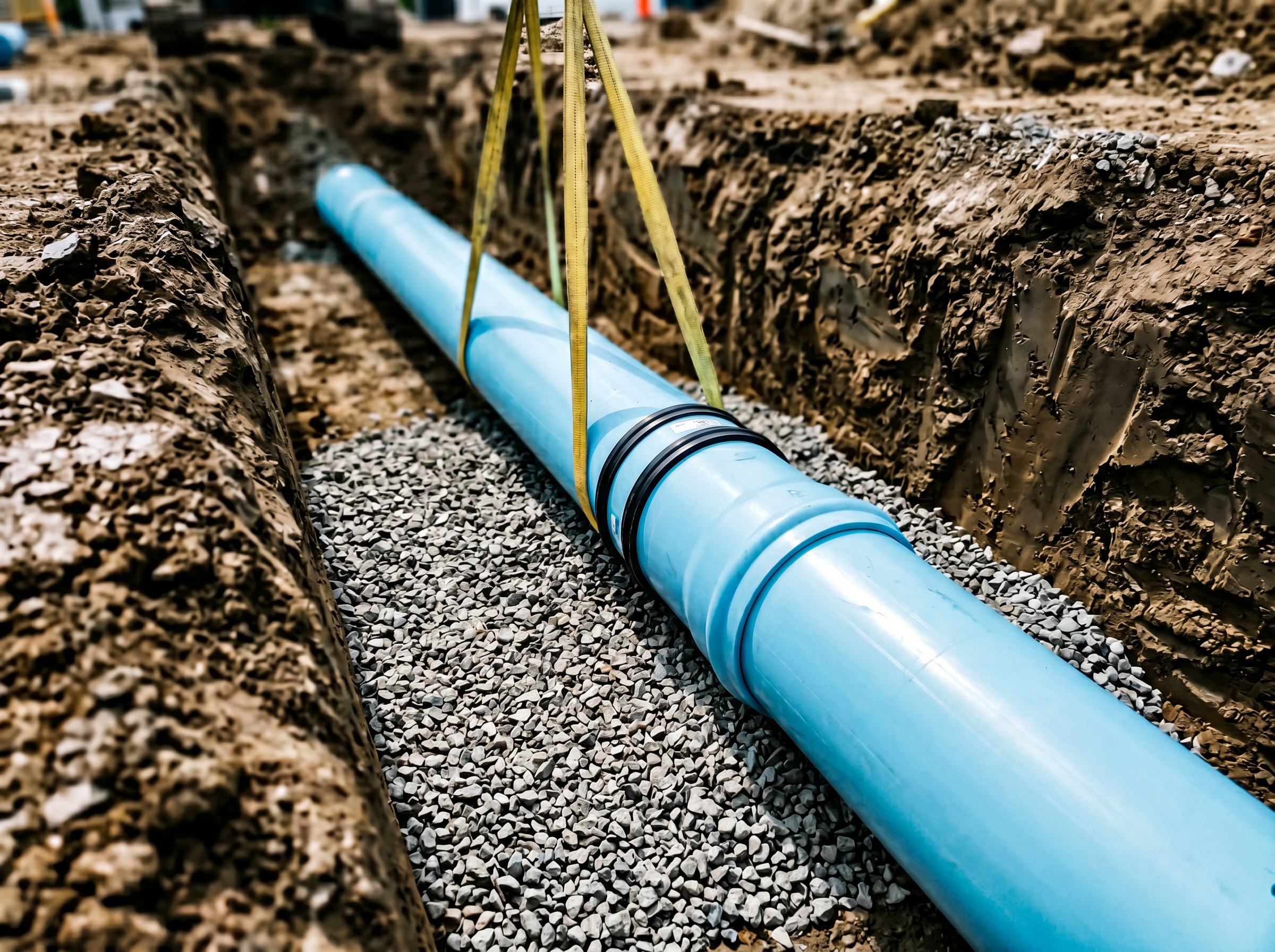 New water main pipe being laid in a trench on a gravel bed